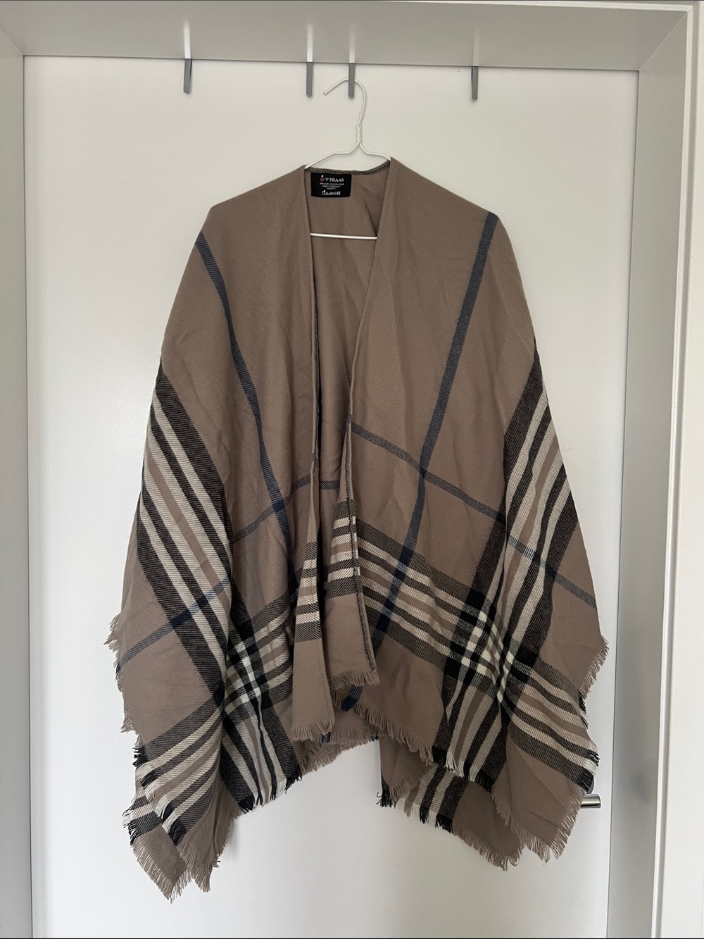 Tan Plaid Fringe Poncho Jacket - Women